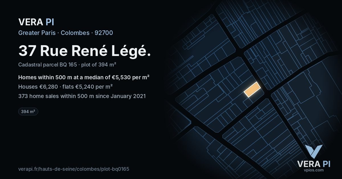 37 Rue René Légé, Colombes at night – the plot lit, the parcels around coloured by the prices near them