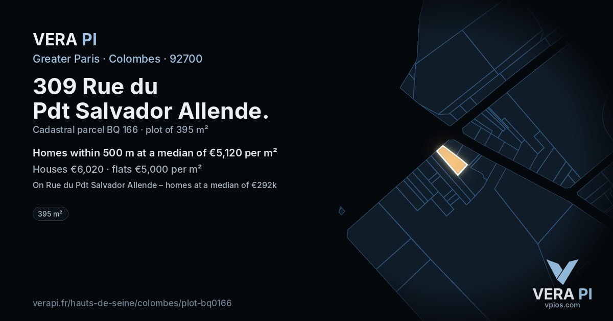 309 Rue du Pdt Salvador Allende, Colombes at night – the plot lit, the parcels around coloured by the prices near them