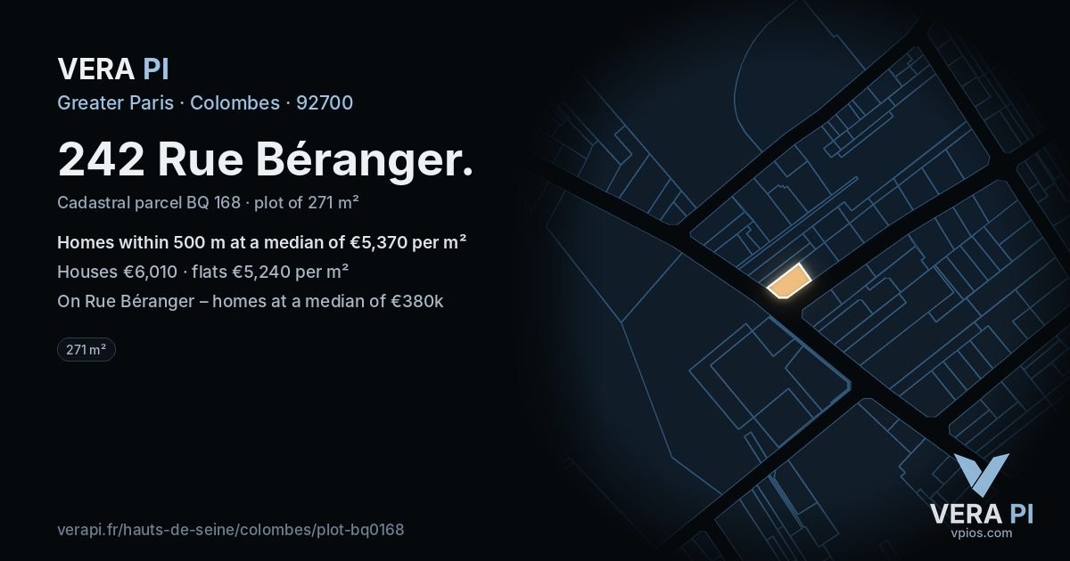 242 Rue Béranger, Colombes at night – the plot lit, the parcels around coloured by the prices near them