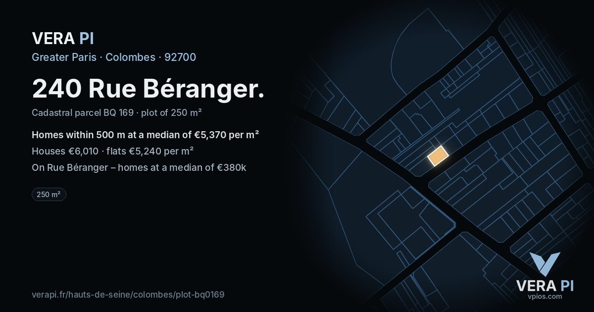 240 Rue Béranger, Colombes at night – the plot lit, the parcels around coloured by the prices near them