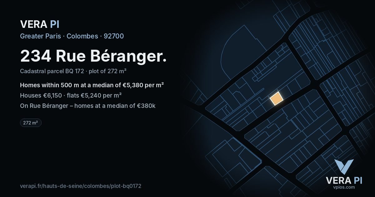 234 Rue Béranger, Colombes at night – the plot lit, the parcels around coloured by the prices near them