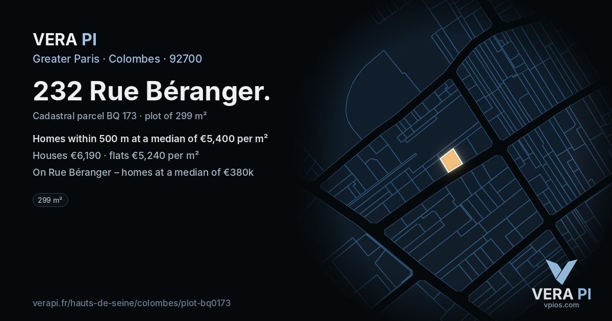 232 Rue Béranger, Colombes at night – the plot lit, the parcels around coloured by the prices near them