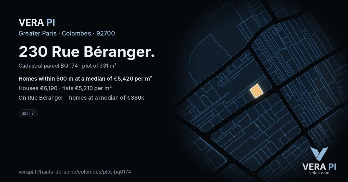 230 Rue Béranger, Colombes at night – the plot lit, the parcels around coloured by the prices near them