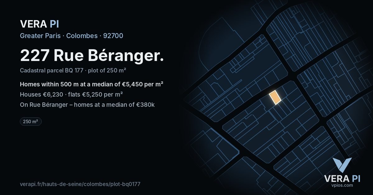 227 Rue Béranger, Colombes at night – the plot lit, the parcels around coloured by the prices near them
