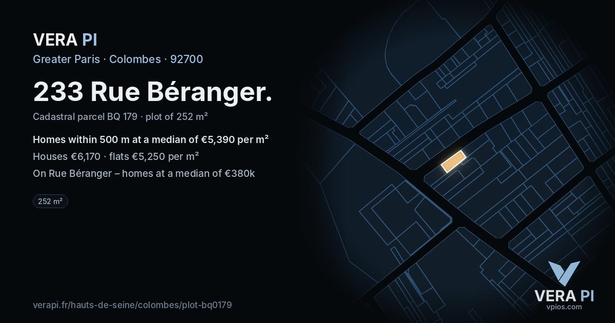 233 Rue Béranger, Colombes at night – the plot lit, the parcels around coloured by the prices near them