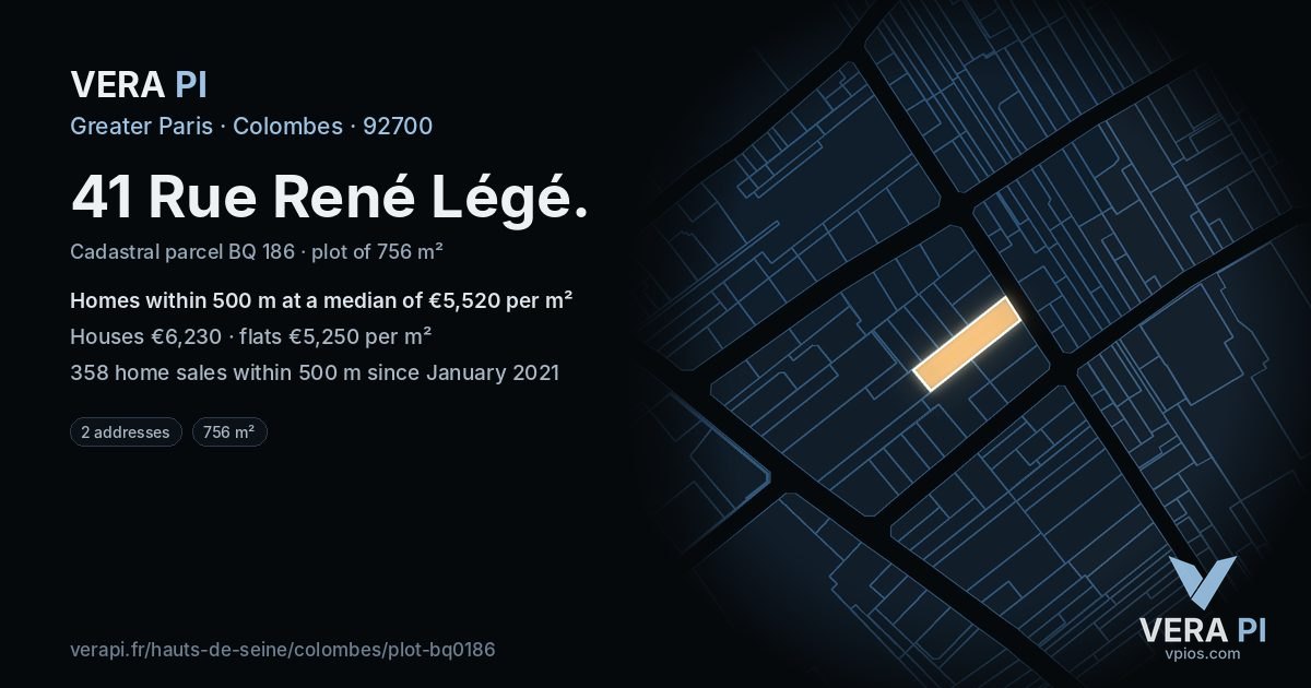 41 Rue René Légé, Colombes at night – the plot lit, the parcels around coloured by the prices near them