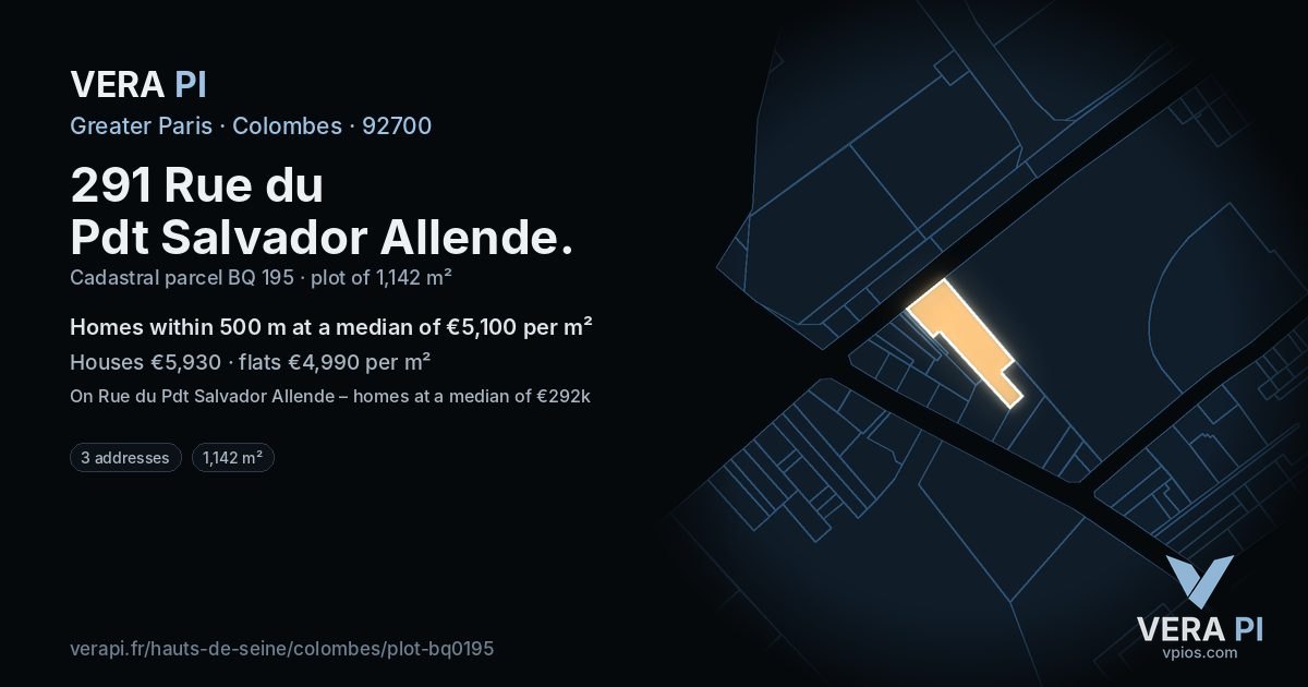291 Rue du Pdt Salvador Allende, Colombes at night – the plot lit, the parcels around coloured by the prices near them