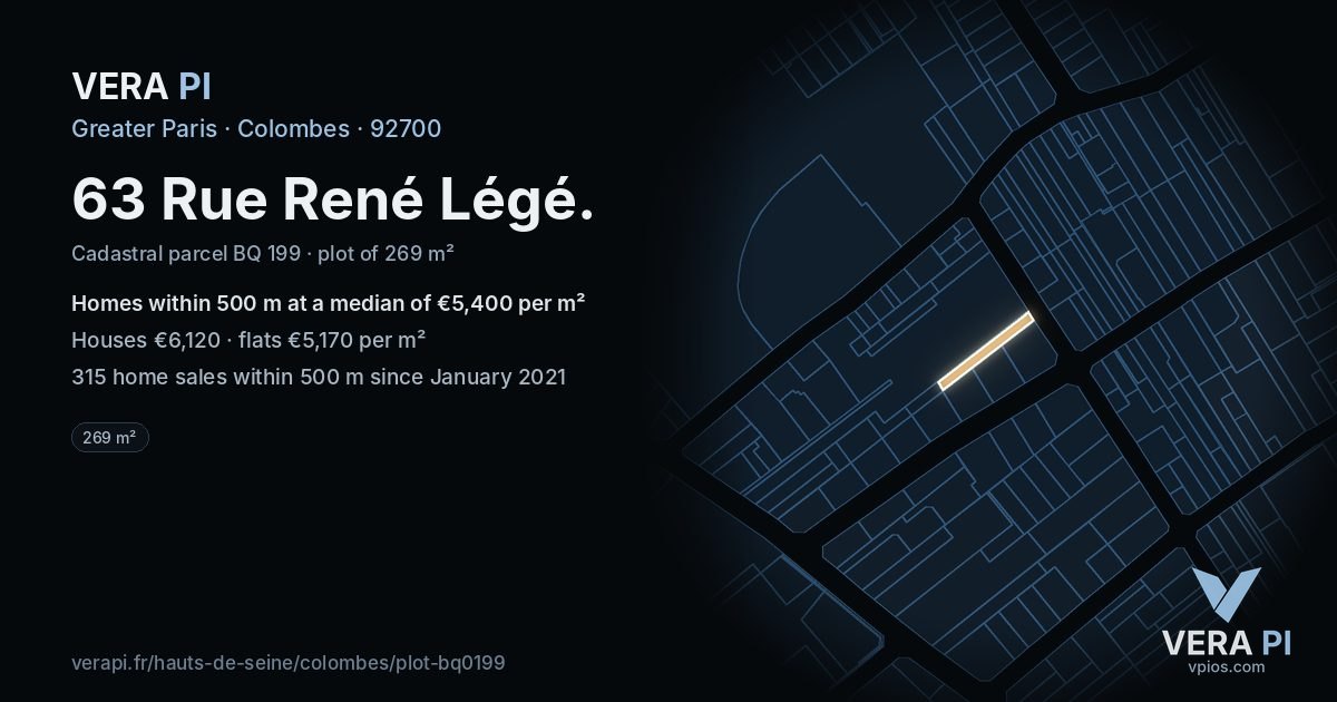 63 Rue René Légé, Colombes at night – the plot lit, the parcels around coloured by the prices near them