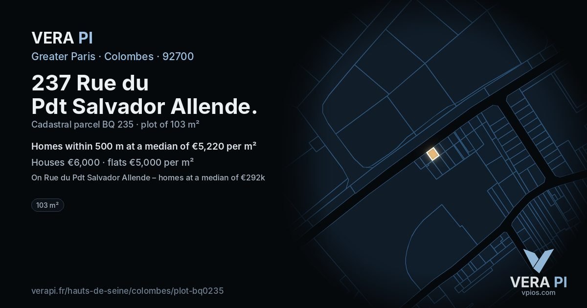 237 Rue du Pdt Salvador Allende, Colombes at night – the plot lit, the parcels around coloured by the prices near them