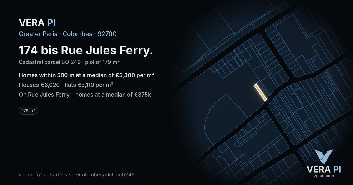 174 bis Rue Jules Ferry, Colombes at night – the plot lit, the parcels around coloured by the prices near them
