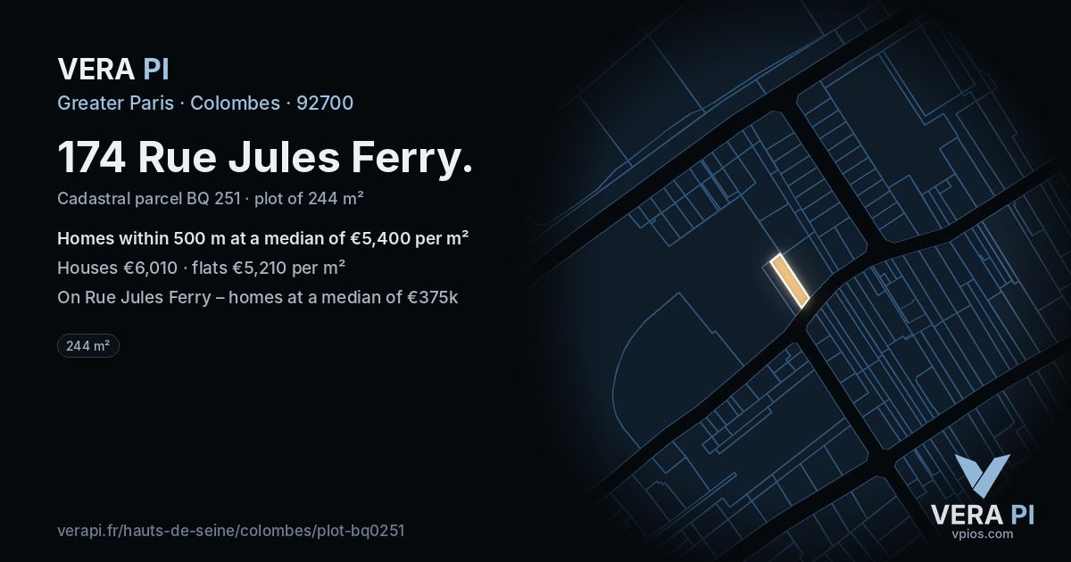 174 Rue Jules Ferry, Colombes at night – the plot lit, the parcels around coloured by the prices near them