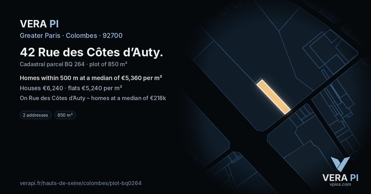 42 Rue des Côtes d’Auty, Colombes at night – the plot lit, the parcels around coloured by the prices near them