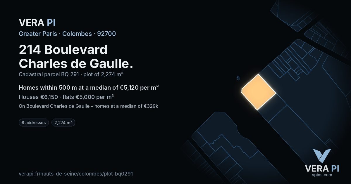 214 Boulevard Charles de Gaulle, Colombes at night – the plot lit, the parcels around coloured by the prices near them