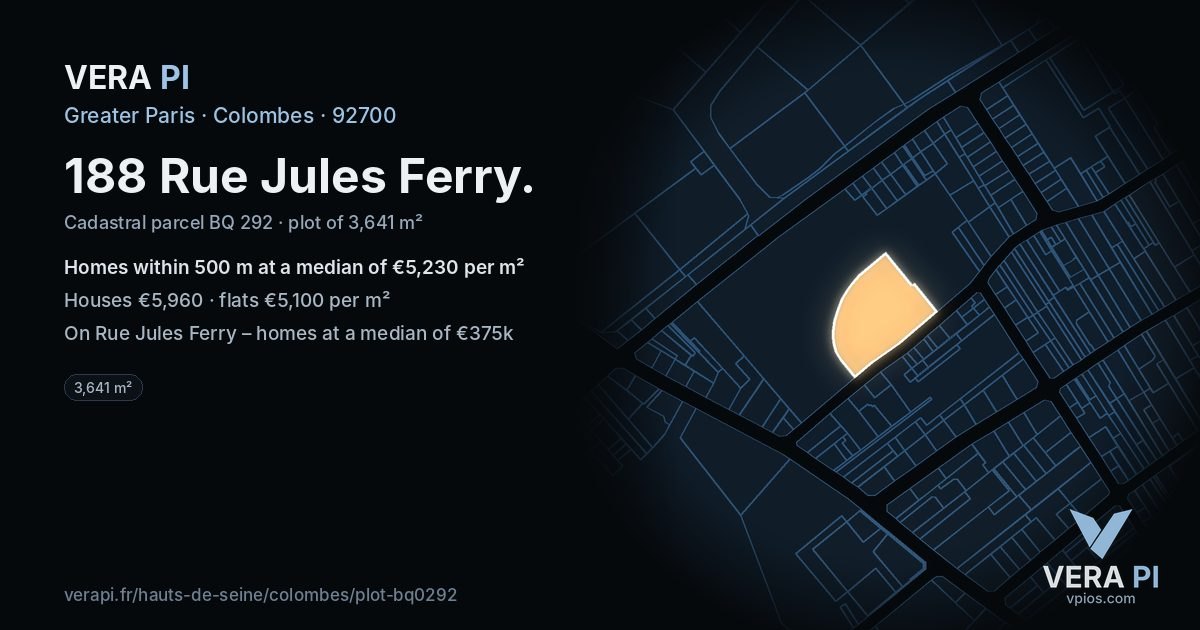188 Rue Jules Ferry, Colombes at night – the plot lit, the parcels around coloured by the prices near them