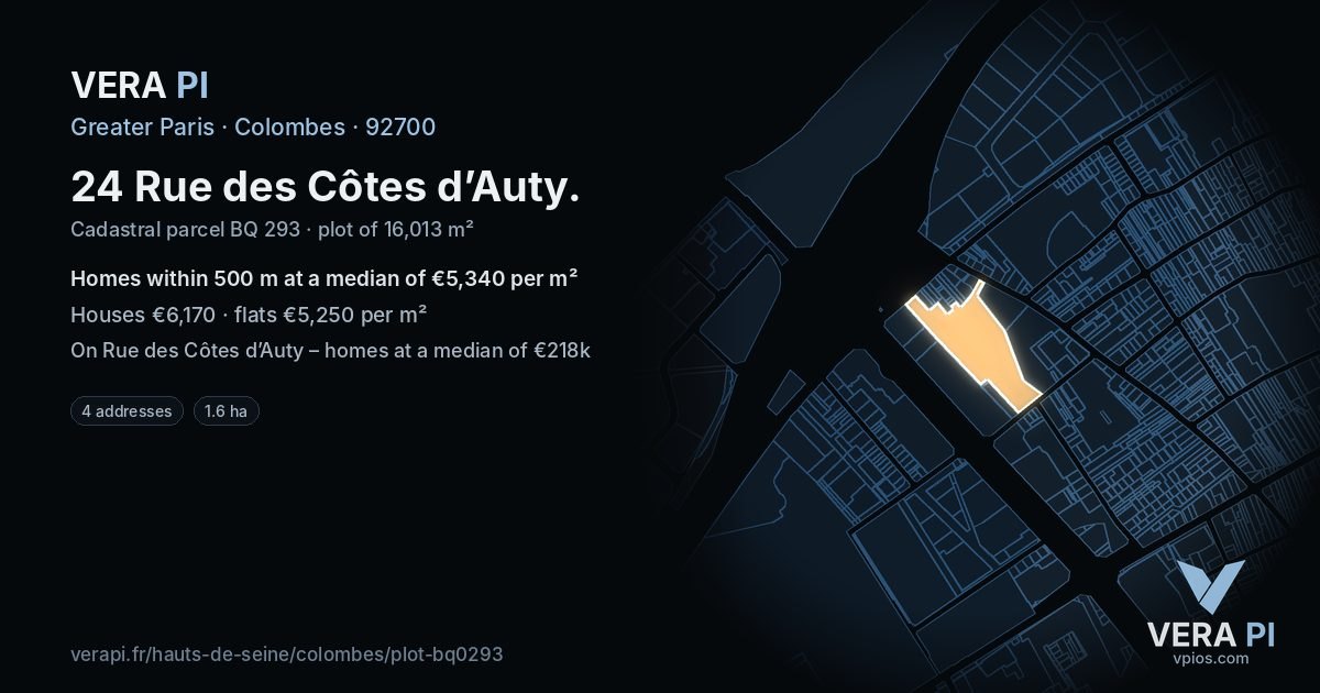 24 Rue des Côtes d’Auty, Colombes at night – the plot lit, the parcels around coloured by the prices near them