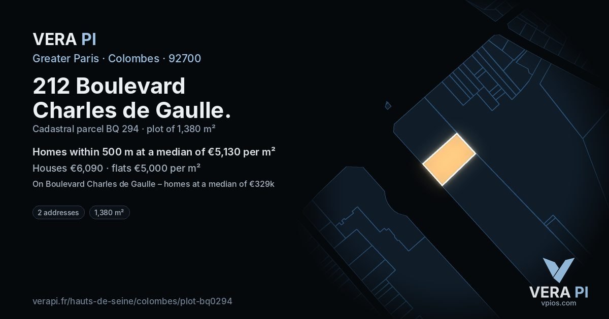 212 Boulevard Charles de Gaulle, Colombes at night – the plot lit, the parcels around coloured by the prices near them