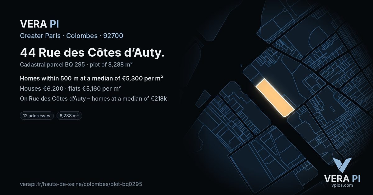 44 Rue des Côtes d’Auty, Colombes at night – the plot lit, the parcels around coloured by the prices near them