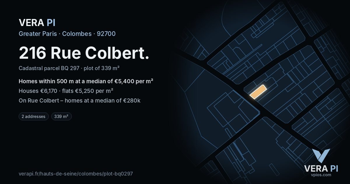 216 Rue Colbert, Colombes at night – the plot lit, the parcels around coloured by the prices near them