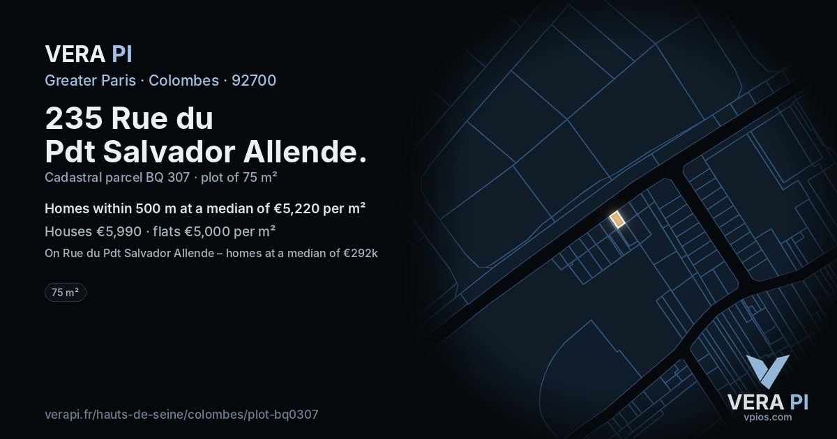 235 Rue du Pdt Salvador Allende, Colombes at night – the plot lit, the parcels around coloured by the prices near them