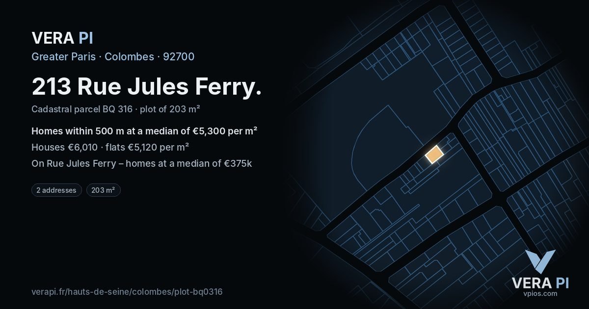 213 Rue Jules Ferry, Colombes at night – the plot lit, the parcels around coloured by the prices near them