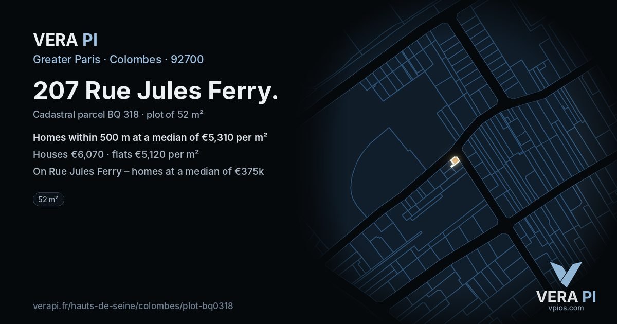 207 Rue Jules Ferry, Colombes at night – the plot lit, the parcels around coloured by the prices near them