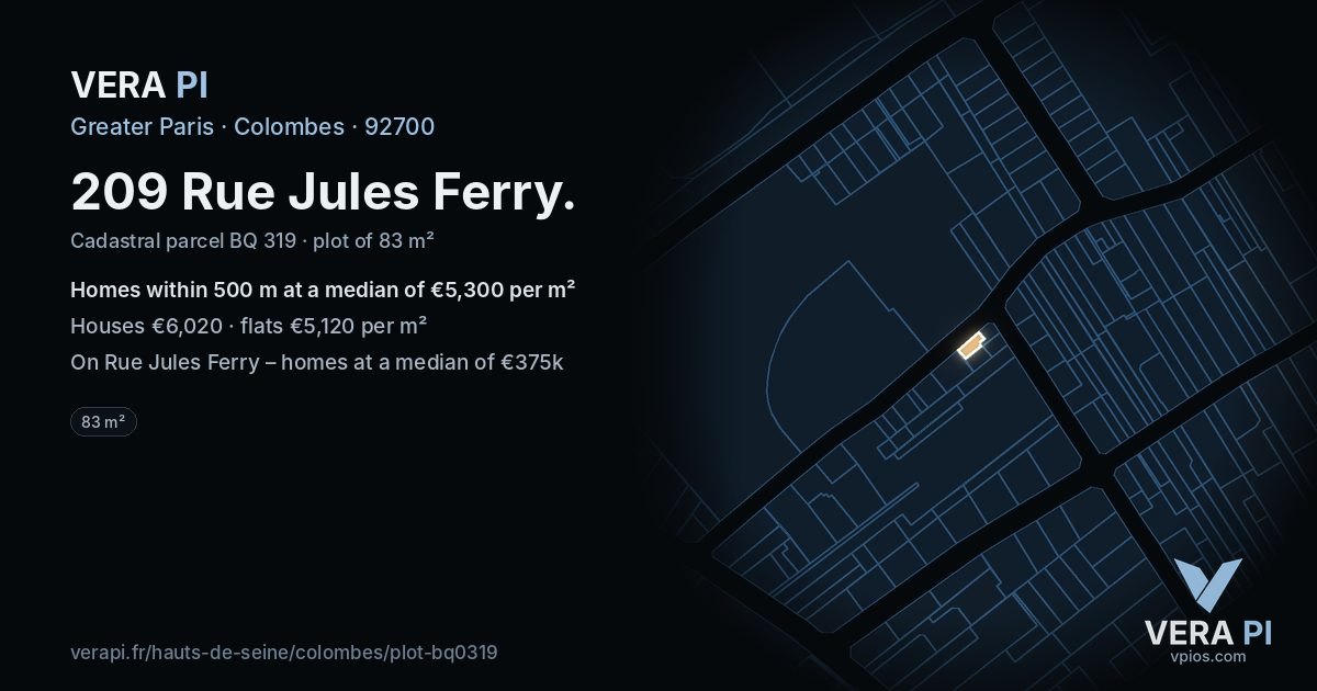 209 Rue Jules Ferry, Colombes at night – the plot lit, the parcels around coloured by the prices near them