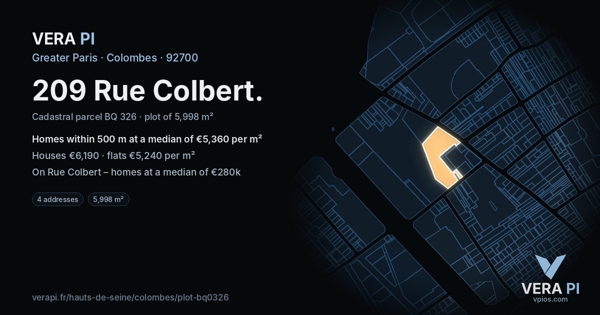 209 Rue Colbert, Colombes at night – the plot lit, the parcels around coloured by the prices near them