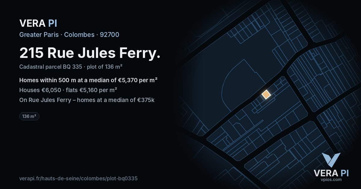 215 Rue Jules Ferry, Colombes at night – the plot lit, the parcels around coloured by the prices near them