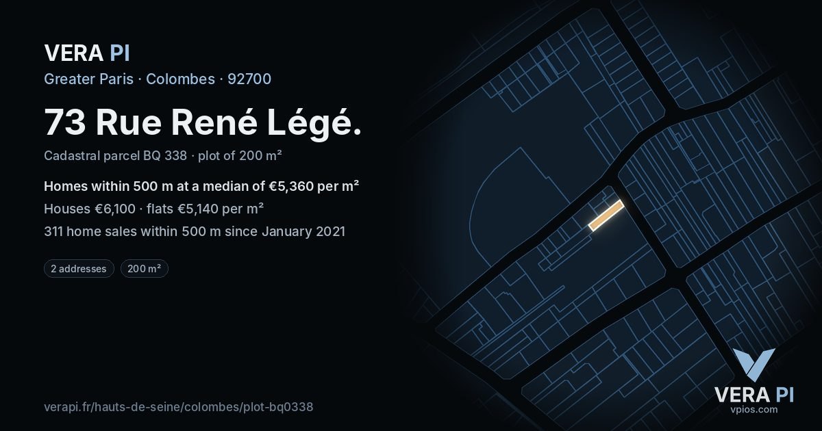 73 Rue René Légé, Colombes at night – the plot lit, the parcels around coloured by the prices near them