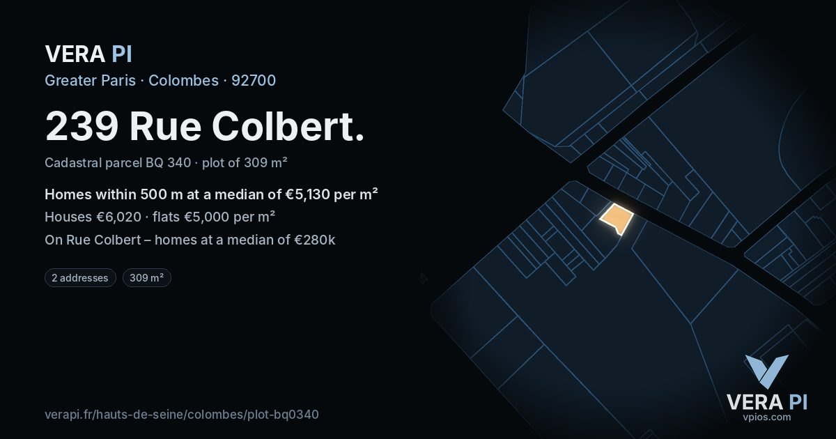 239 Rue Colbert, Colombes at night – the plot lit, the parcels around coloured by the prices near them