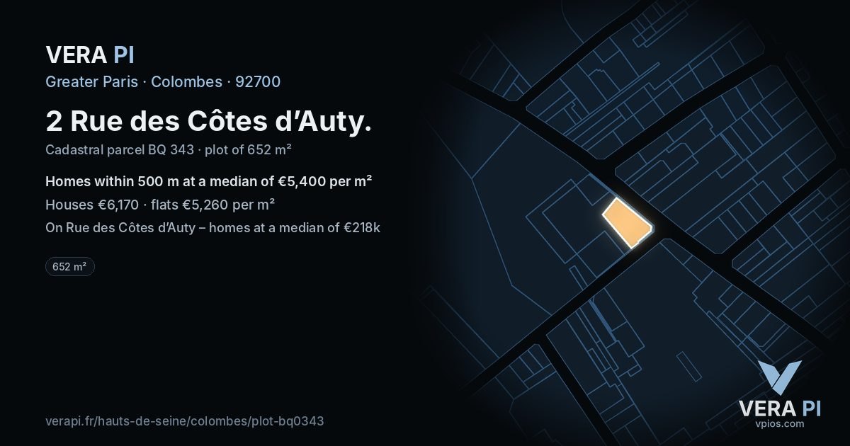 2 Rue des Côtes d’Auty, Colombes at night – the plot lit, the parcels around coloured by the prices near them