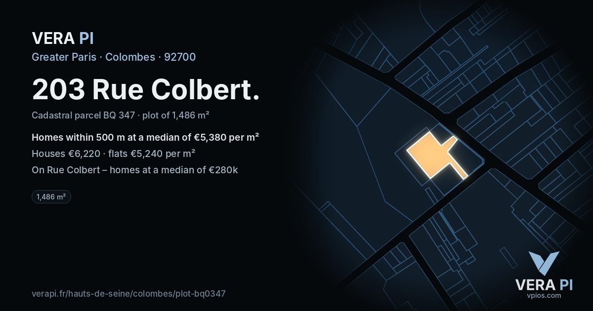 203 Rue Colbert, Colombes at night – the plot lit, the parcels around coloured by the prices near them