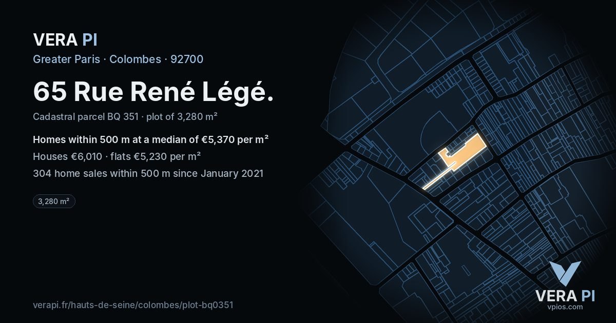 65 Rue René Légé, Colombes at night – the plot lit, the parcels around coloured by the prices near them