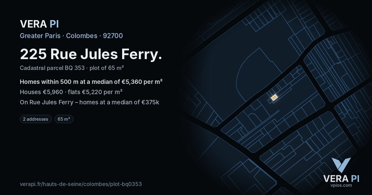 225 Rue Jules Ferry, Colombes at night – the plot lit, the parcels around coloured by the prices near them