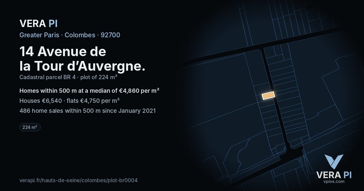 14 Avenue de la Tour d’Auvergne, Colombes at night – the plot lit, the parcels around coloured by the prices near them