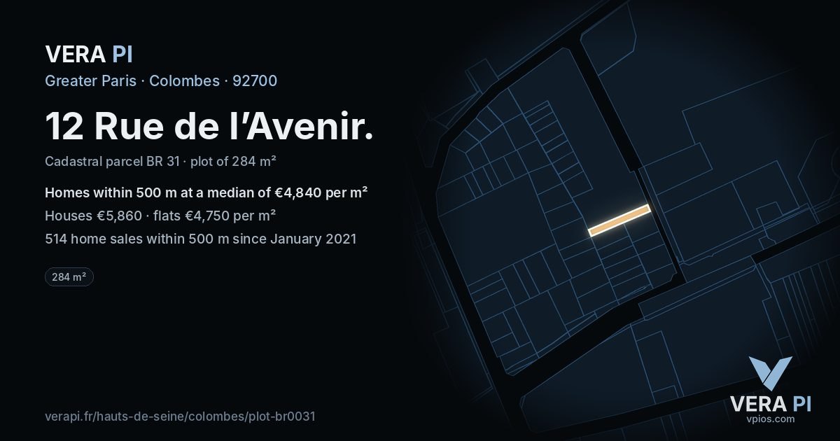 12 Rue de l’Avenir, Colombes at night – the plot lit, the parcels around coloured by the prices near them