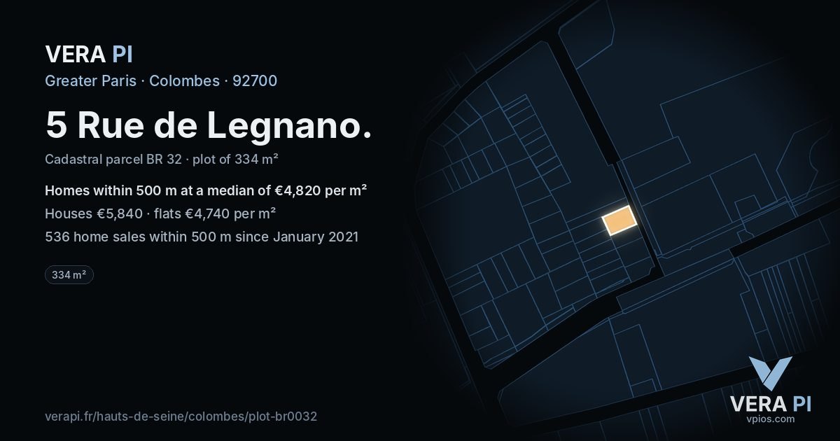 5 Rue de Legnano, Colombes at night – the plot lit, the parcels around coloured by the prices near them