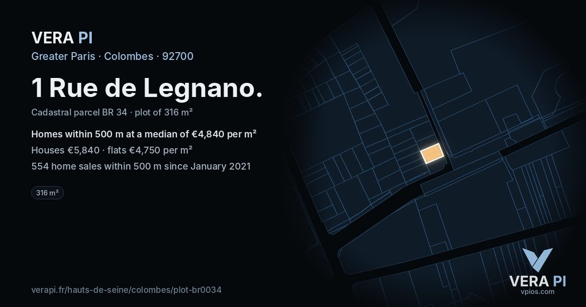 1 Rue de Legnano, Colombes at night – the plot lit, the parcels around coloured by the prices near them