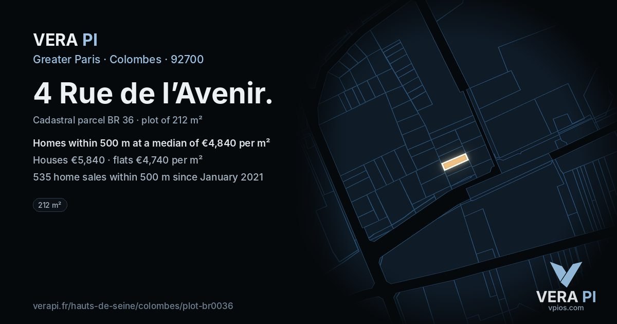 4 Rue de l’Avenir, Colombes at night – the plot lit, the parcels around coloured by the prices near them