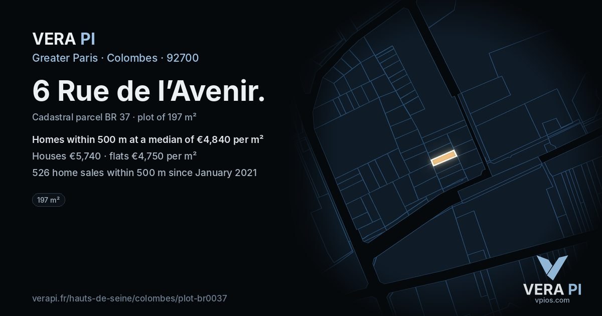 6 Rue de l’Avenir, Colombes at night – the plot lit, the parcels around coloured by the prices near them