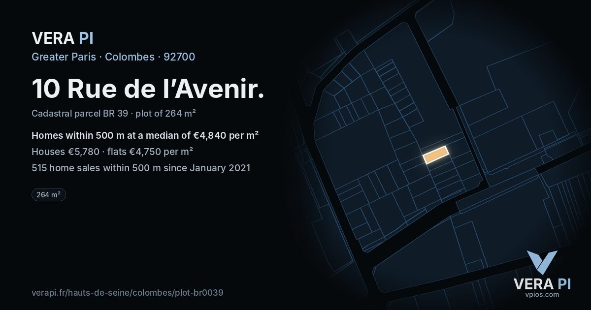 10 Rue de l’Avenir, Colombes at night – the plot lit, the parcels around coloured by the prices near them