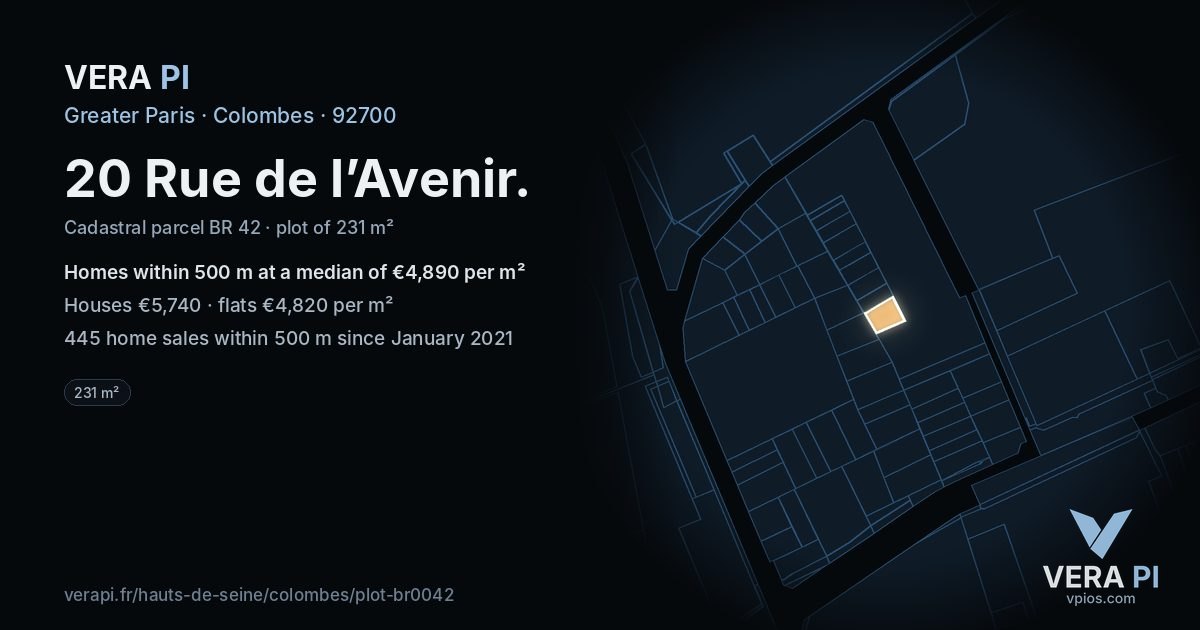 20 Rue de l’Avenir, Colombes at night – the plot lit, the parcels around coloured by the prices near them