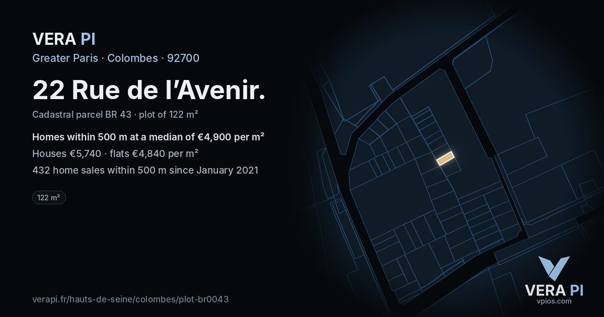 22 Rue de l’Avenir, Colombes at night – the plot lit, the parcels around coloured by the prices near them