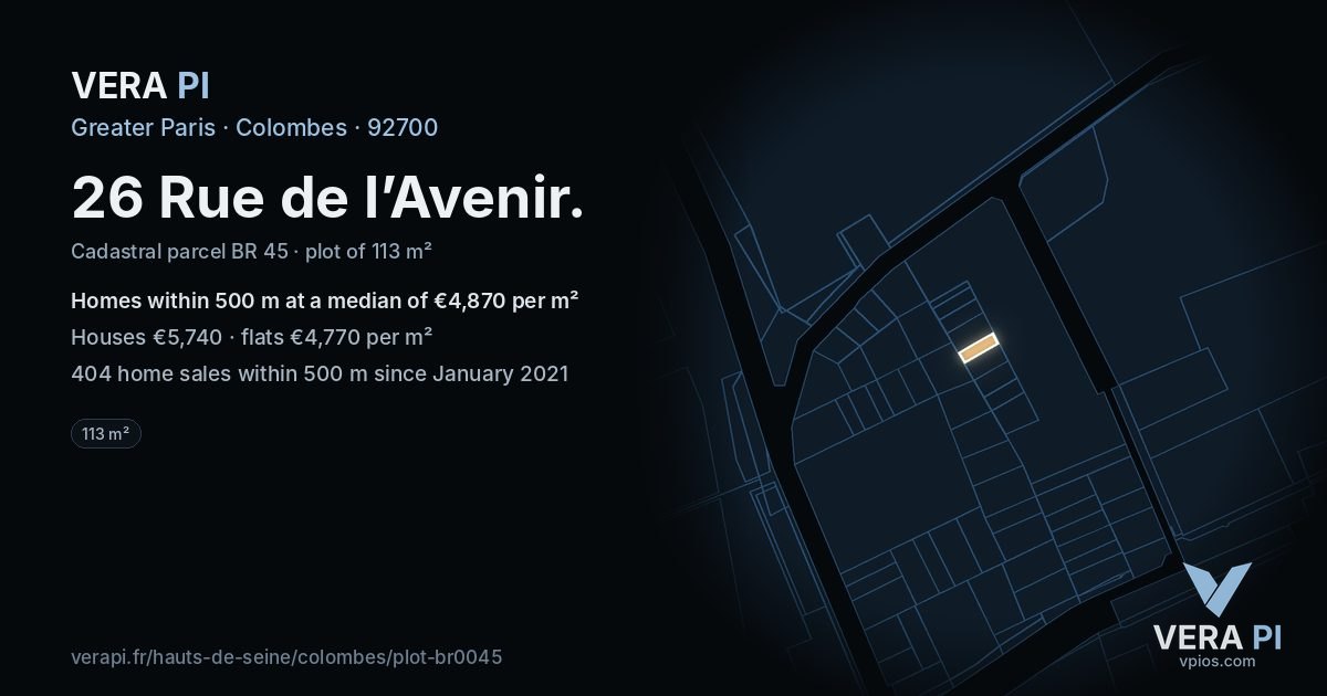 26 Rue de l’Avenir, Colombes at night – the plot lit, the parcels around coloured by the prices near them
