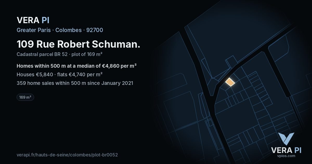 109 Rue Robert Schuman, Colombes at night – the plot lit, the parcels around coloured by the prices near them