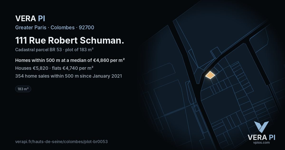 111 Rue Robert Schuman, Colombes at night – the plot lit, the parcels around coloured by the prices near them