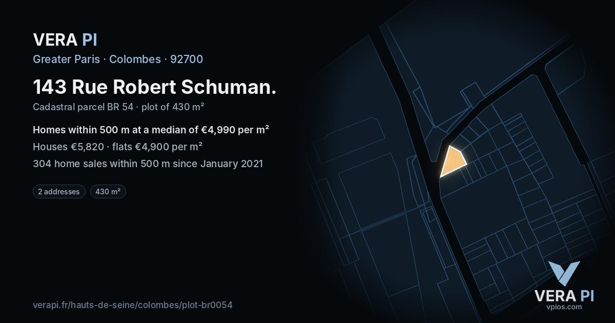 143 Rue Robert Schuman, Colombes at night – the plot lit, the parcels around coloured by the prices near them