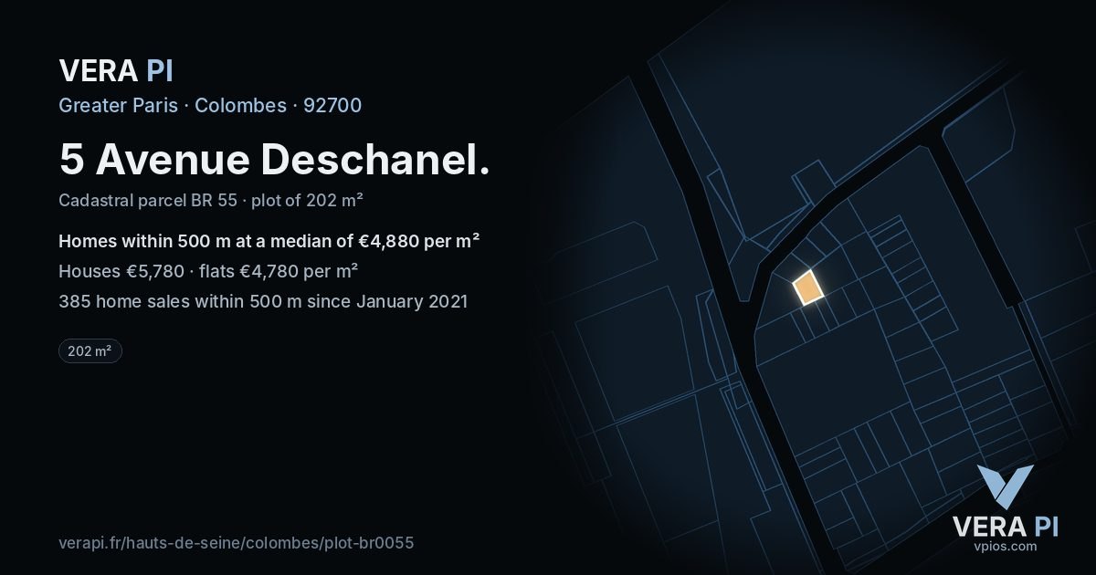 5 Avenue Deschanel, Colombes at night – the plot lit, the parcels around coloured by the prices near them