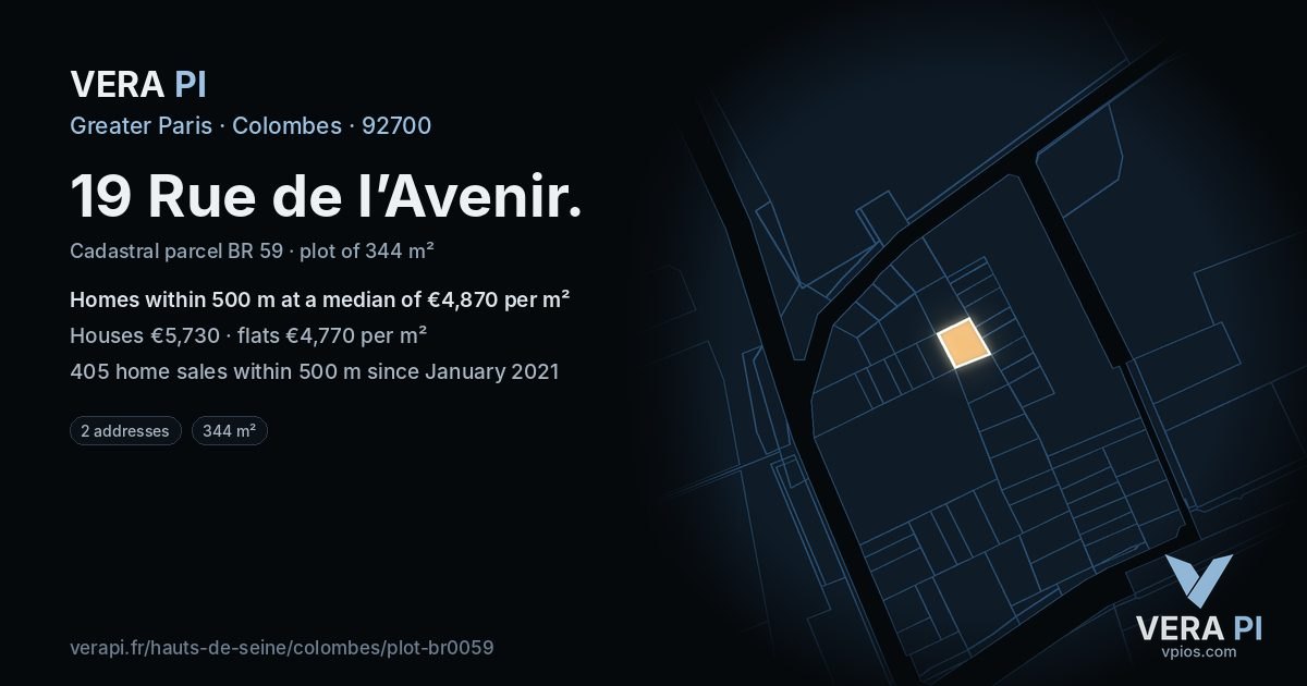 19 Rue de l’Avenir, Colombes at night – the plot lit, the parcels around coloured by the prices near them