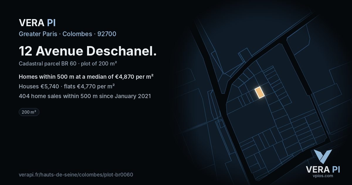 12 Avenue Deschanel, Colombes at night – the plot lit, the parcels around coloured by the prices near them